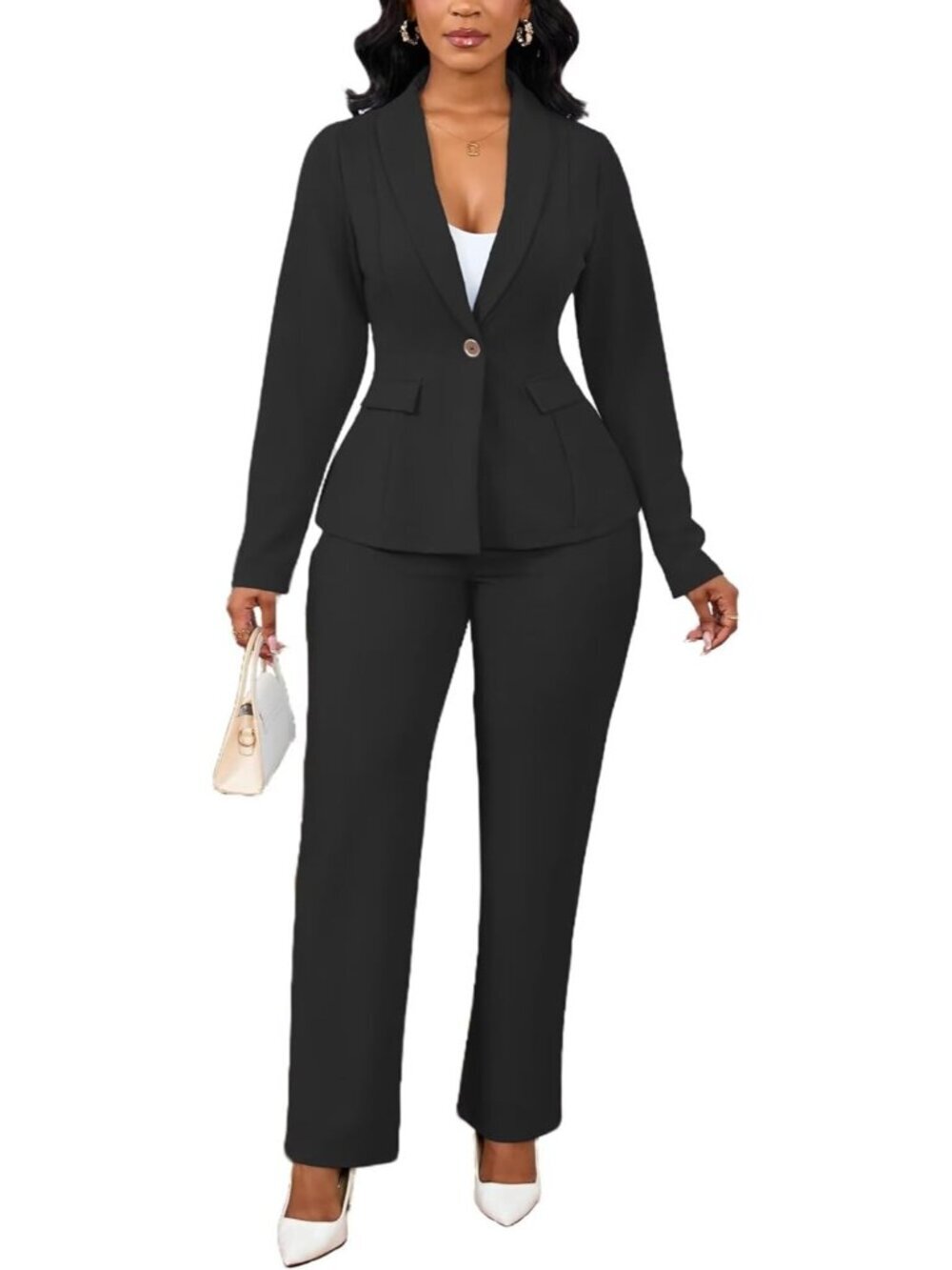 Women's Black 2 Piece Pant Suits Dressy Blazer Straight Leg Set Formal Outfits